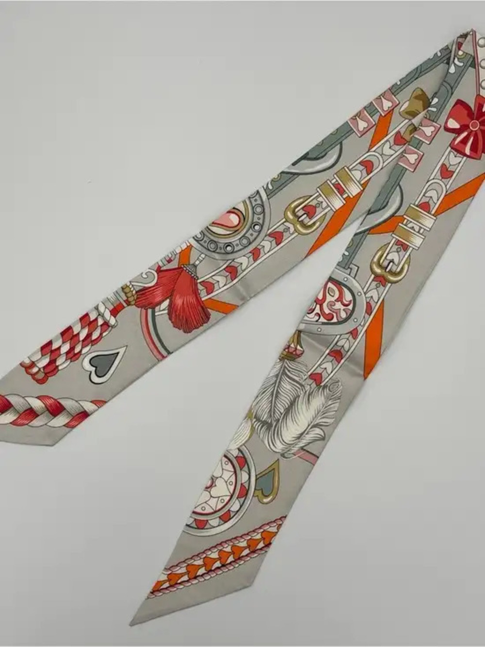 Herms Twilly Silk Scarf Grey Poker Spade Tassel Feather Print